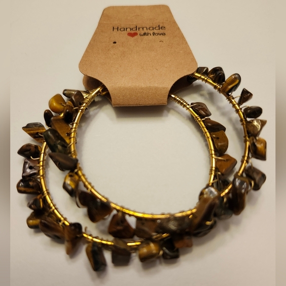 Gold stainless hoops handcrafted vintage brown rocks individually wire wrapped - Picture 4 of 6